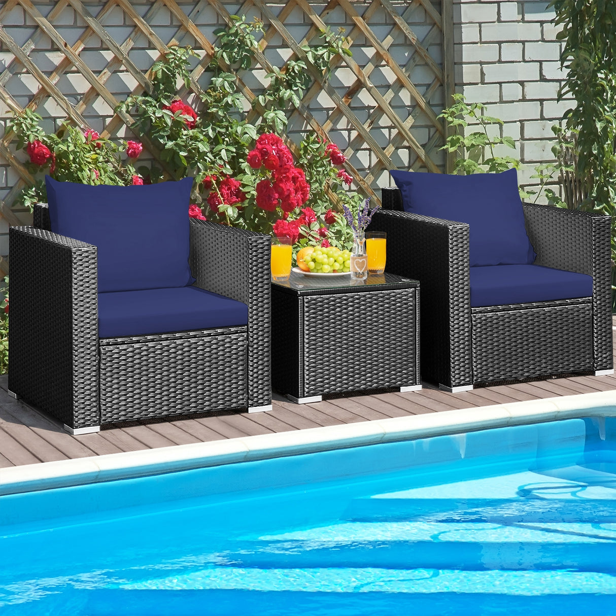 3 Pieces Patio Wicker Conversation SetÂ with Cushion