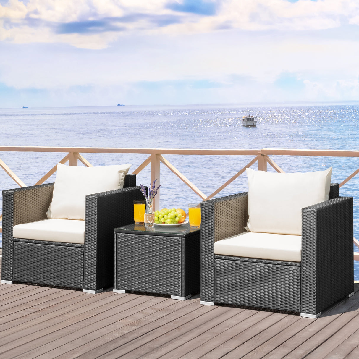 3 Pieces Patio Wicker Conversation SetÂ with Cushion