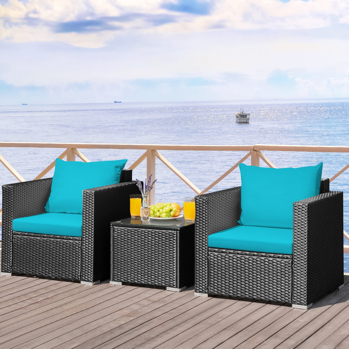 3 Pieces Patio Wicker Conversation SetÂ with Cushion