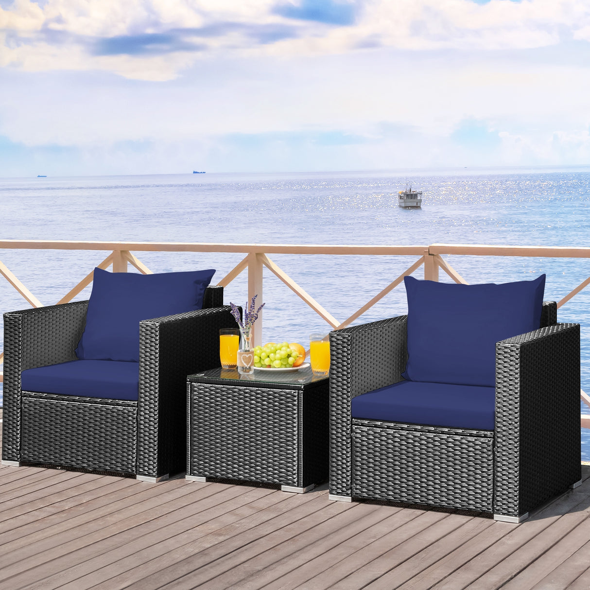 3 Pieces Patio Wicker Conversation SetÂ with Cushion