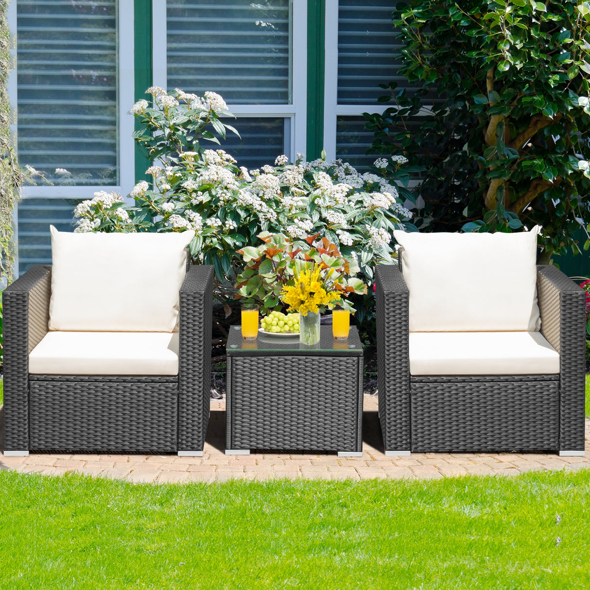 3 Pieces Patio Wicker Conversation SetÂ with Cushion