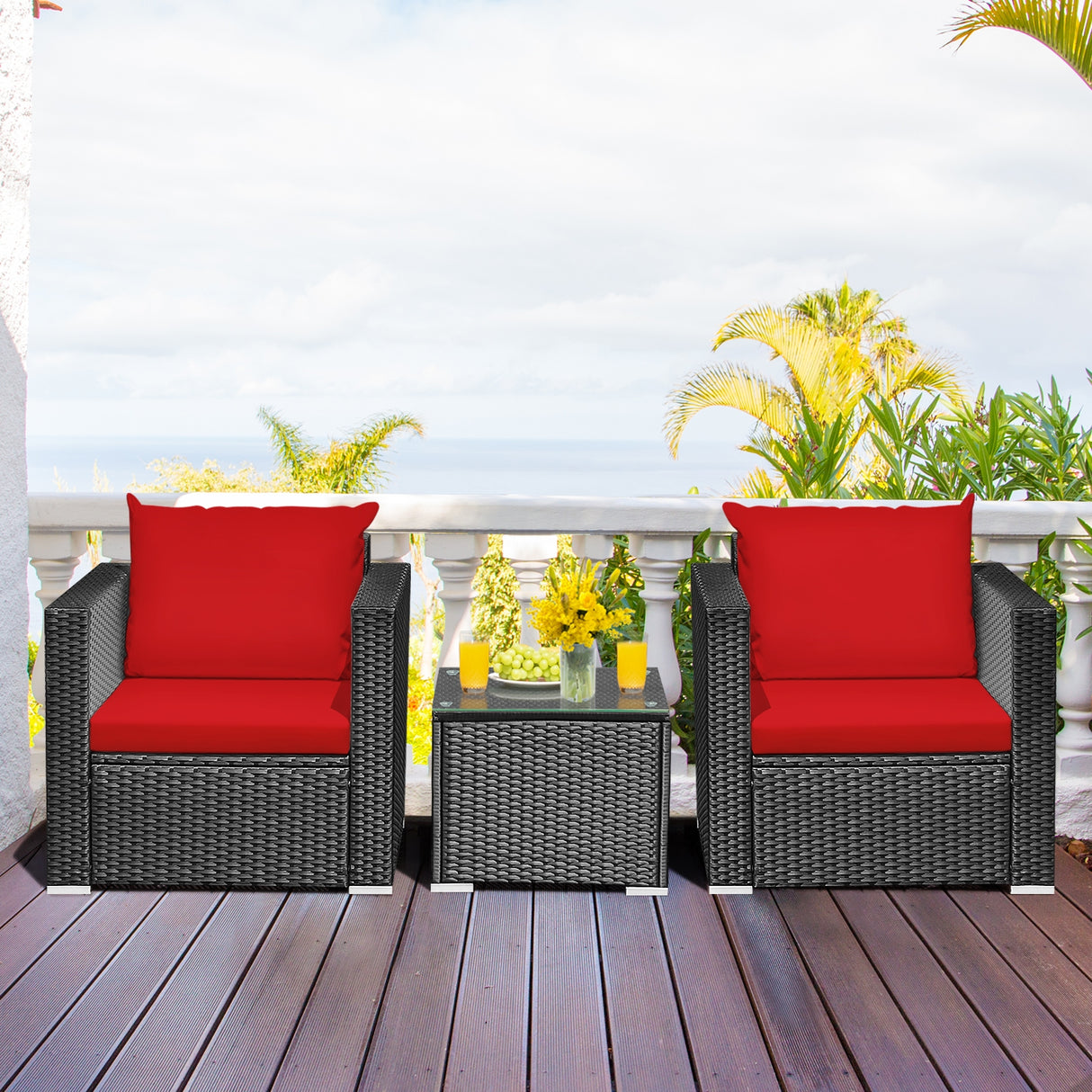 3 Pieces Patio Wicker Conversation SetÂ with Cushion