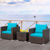 3 Pcs Patio Conversation Rattan Furniture Set with Cushion