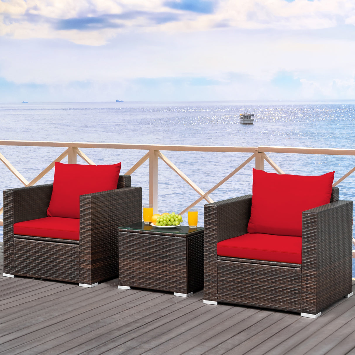 3 Pcs Patio Conversation Rattan Furniture Set with Cushion
