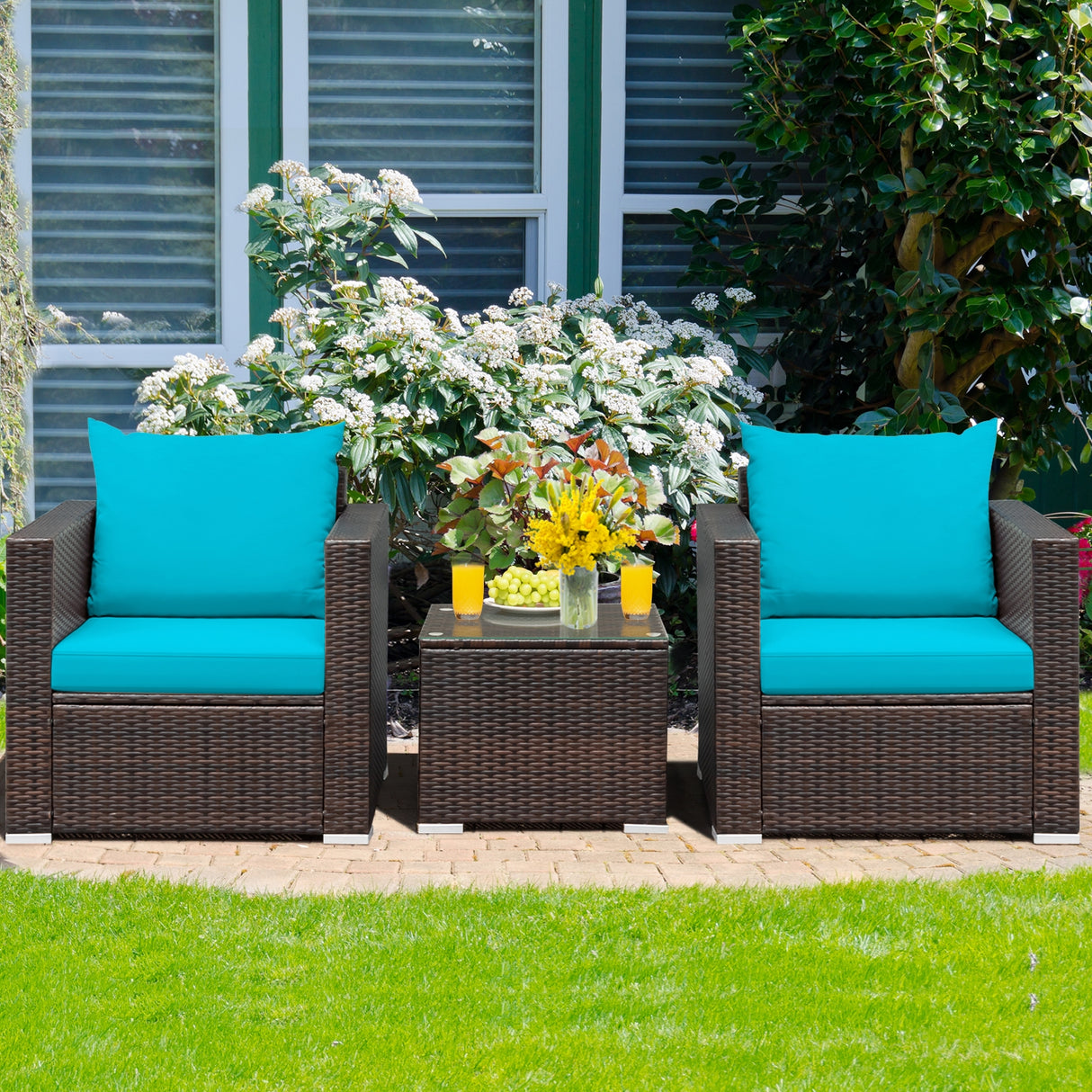 3 Pcs Patio Conversation Rattan Furniture Set with Cushion