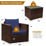 3 Pcs Patio Conversation Rattan Furniture Set with Cushion