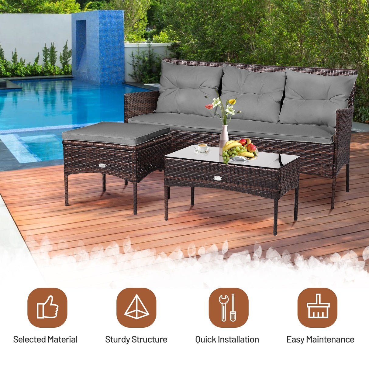 3 Pieces Patio Furniture Sectional Set with 5 Cozy Seat and Back Cushions