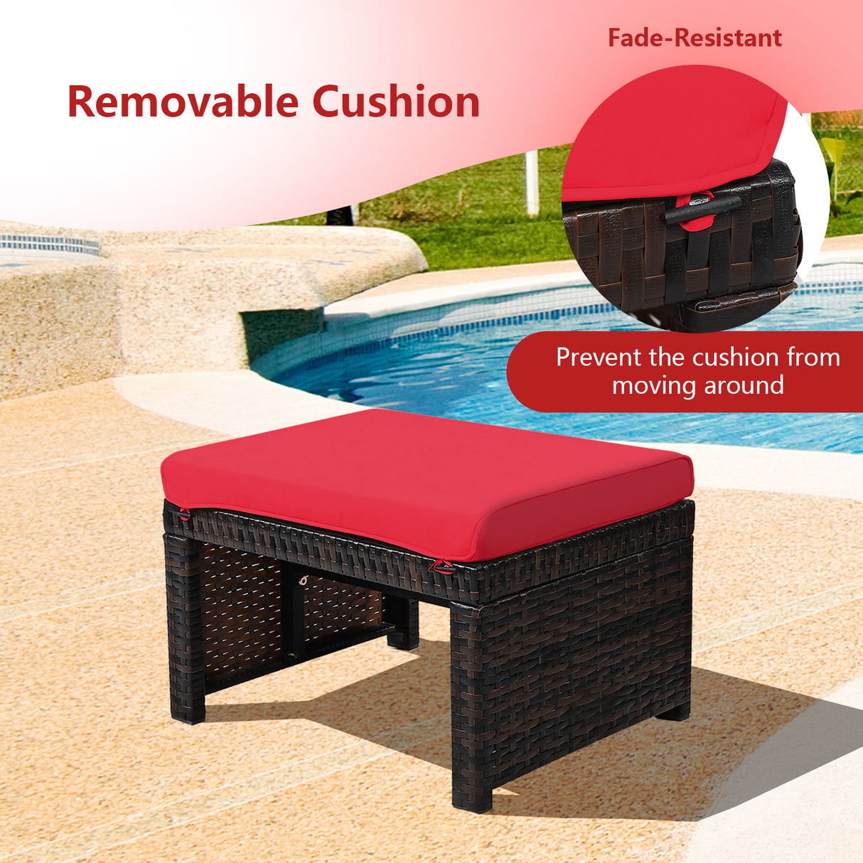 2 Pieces Patio Rattan Ottomans with Soft Cushion for Patio and Garden
