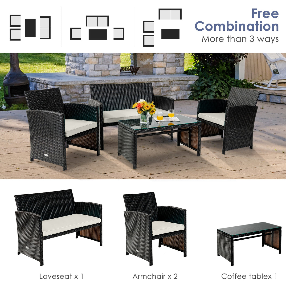 4 Pieces Patio Rattan Cushioned Furniture Set