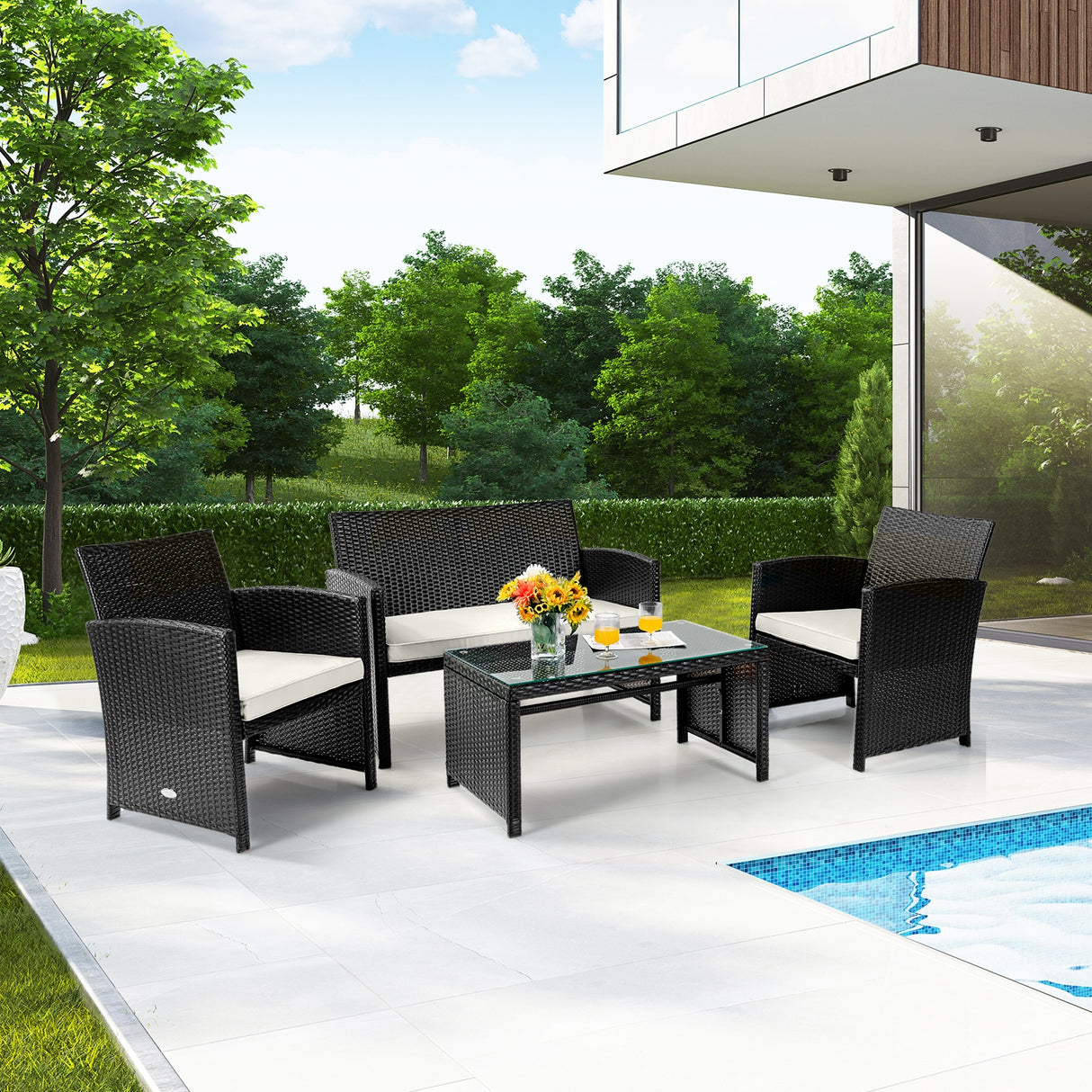 4 Pieces Patio Rattan Cushioned Furniture Set
