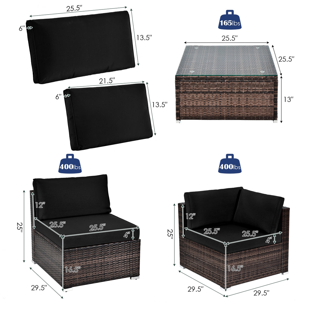 6 Pieces Patio Rattan Furniture Set with Cushions and Glass Coffee Table