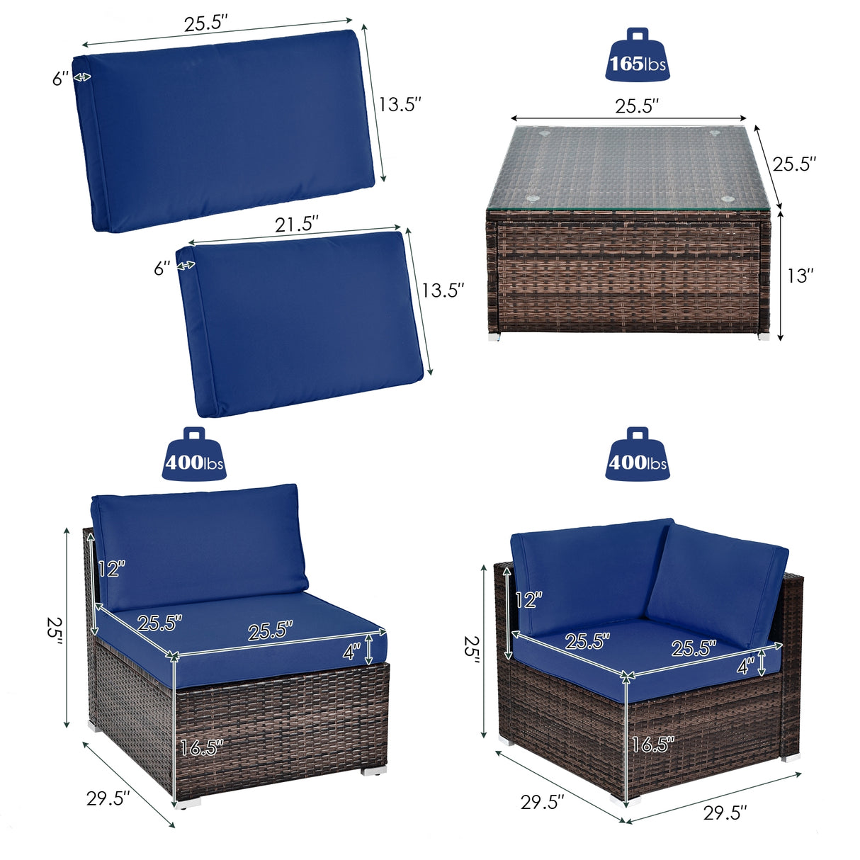 6 Pieces Patio Rattan Furniture Set with Cushions and Glass Coffee Table