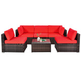 6 Pieces Patio Rattan Furniture Set with Cushions and Glass Coffee Table