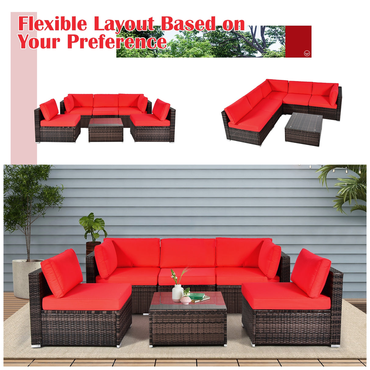 6 Pieces Patio Rattan Furniture Set with Cushions and Glass Coffee Table