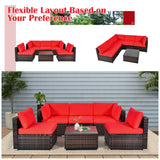 6 Pieces Patio Rattan Furniture Set with Cushions and Glass Coffee Table