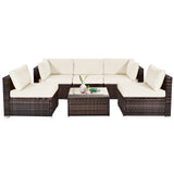 6 Pieces Patio Rattan Furniture Set with Cushions and Glass Coffee Table