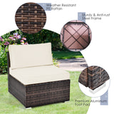 6 Pieces Patio Rattan Furniture Set with Cushions and Glass Coffee Table