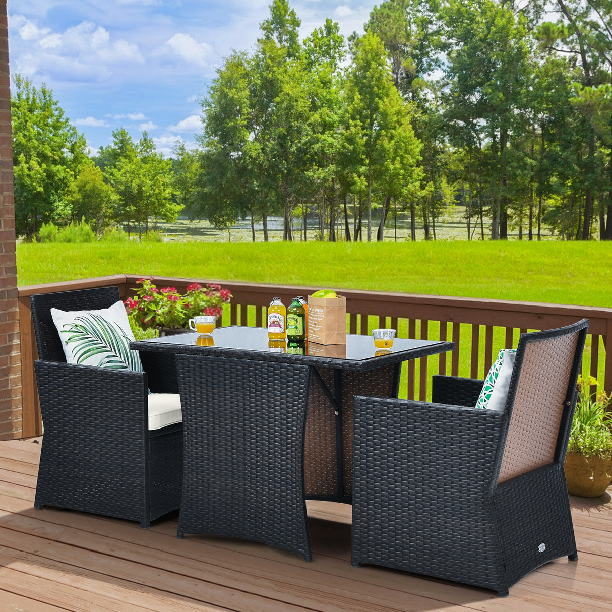 3 Pieces Patio Rattan Furniture Set with Cushion and Sofa Armrest