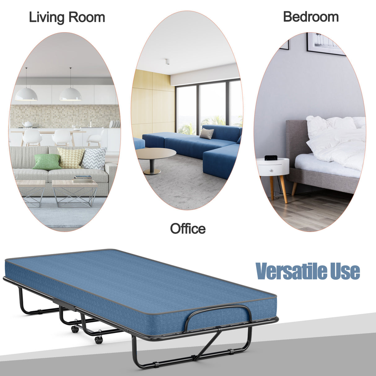Rollaway Guest Bed with Sturdy Steel Frame and Memory Foam Mattress Made in Italy