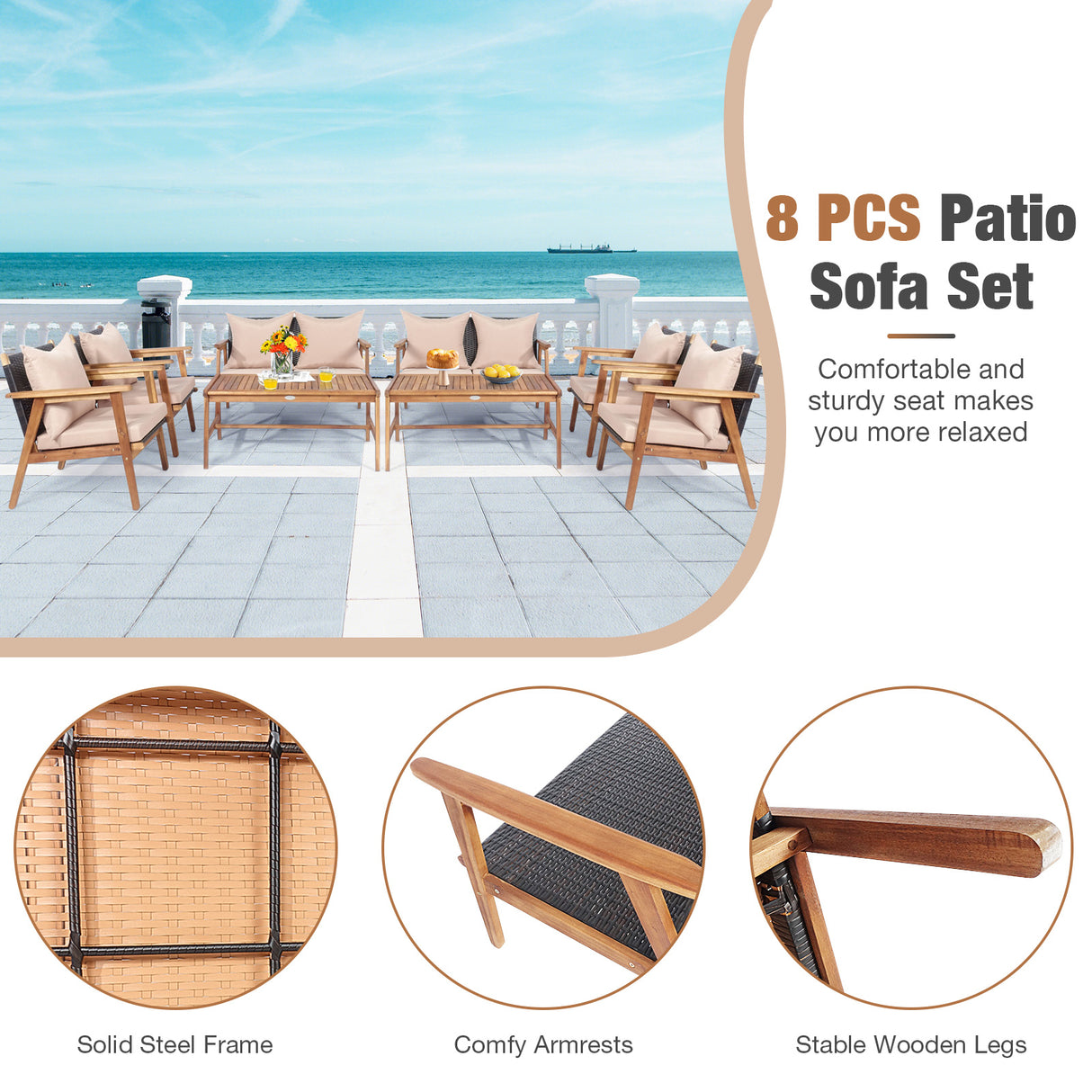 4 Pieces Acacia Wood Patio Rattan Furniture Set with Zippered Cushions