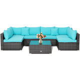 7 Pieces Patio Rattan Furniture Set Sectional Sofa Garden Cushion