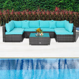 7 Pieces Patio Rattan Furniture Set Sectional Sofa Garden Cushion