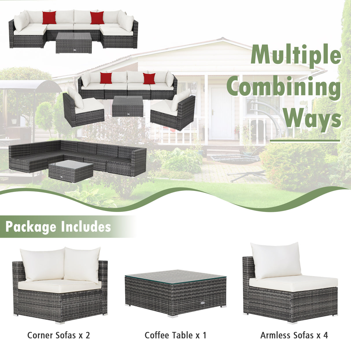 7 Pieces Patio Rattan Furniture Set Sectional Sofa Garden Cushion