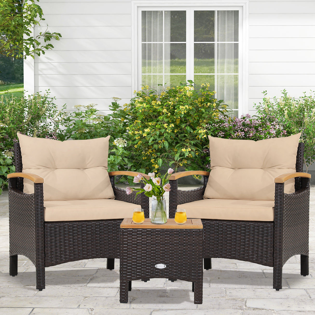 3 Pieces Patio Rattan Furniture Set with Removable Cushion