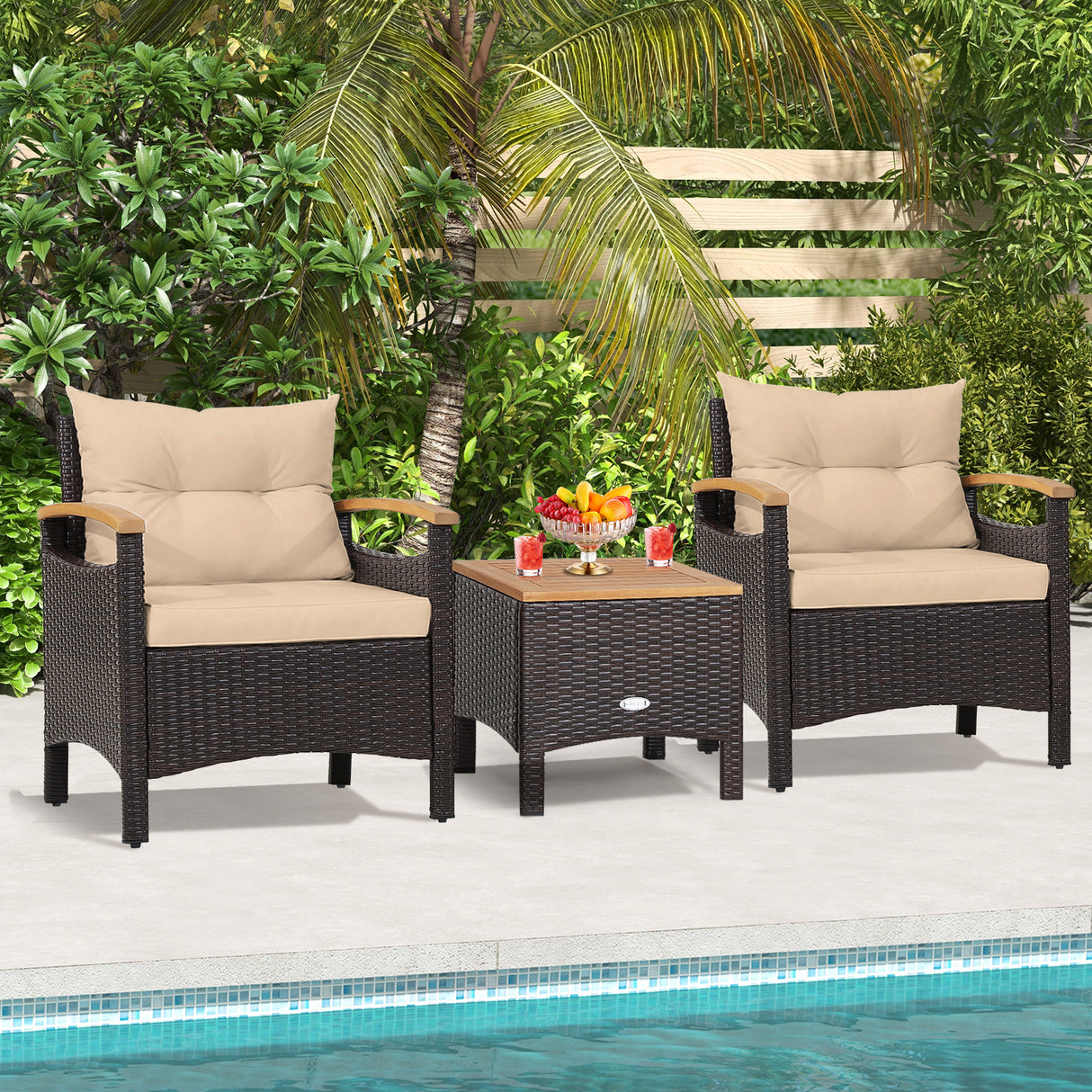 3 Pieces Patio Rattan Furniture Set with Removable Cushion
