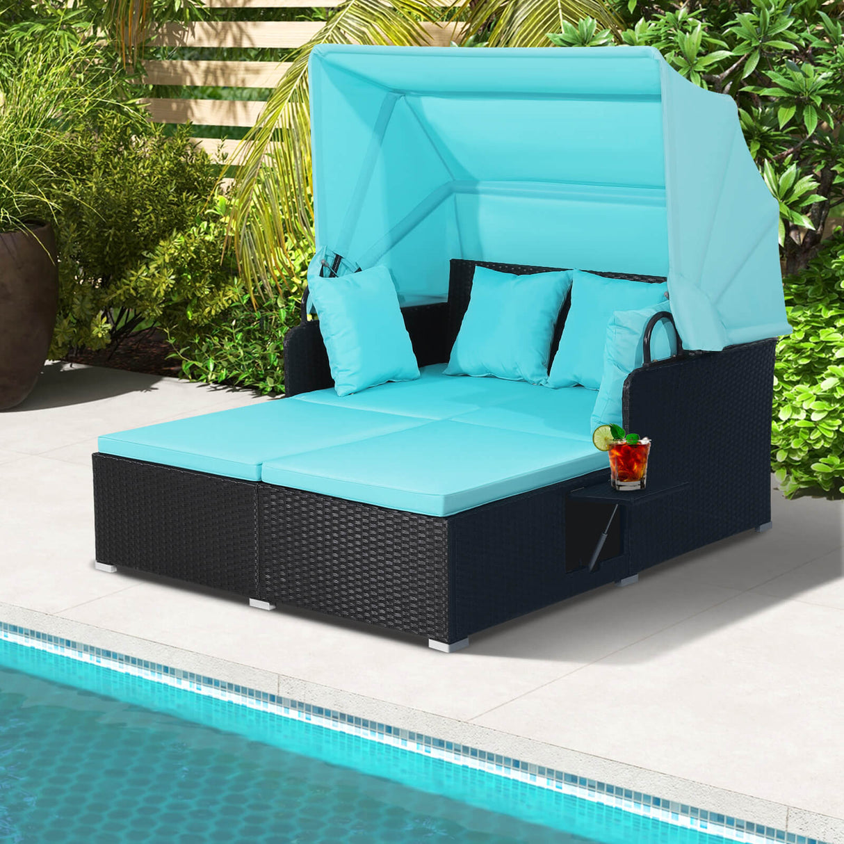 Patio Rattan Daybed with Retractable Canopy and Side Tables