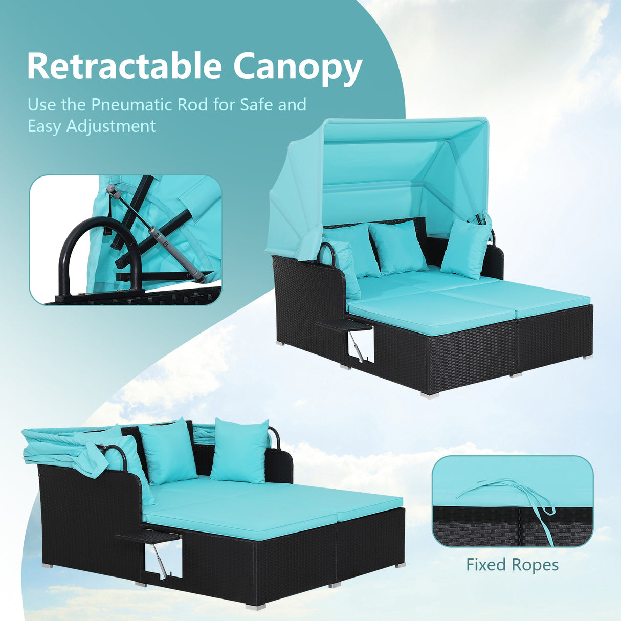 Patio Rattan Daybed with Retractable Canopy and Side Tables