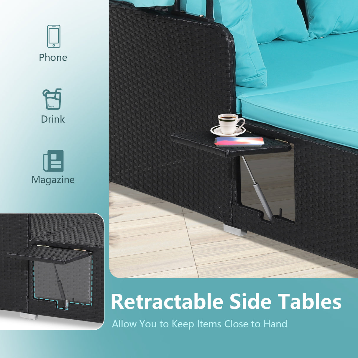 Patio Rattan Daybed with Retractable Canopy and Side Tables