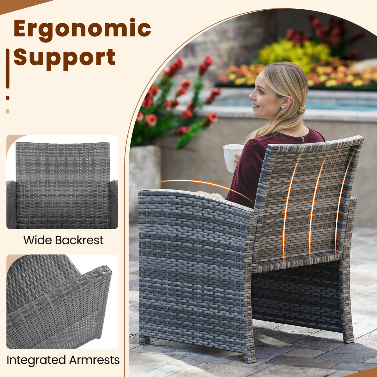 3 Pieces Patio Furniture Set with Tempered Glass Coffee Table and Soft Seat Cushions