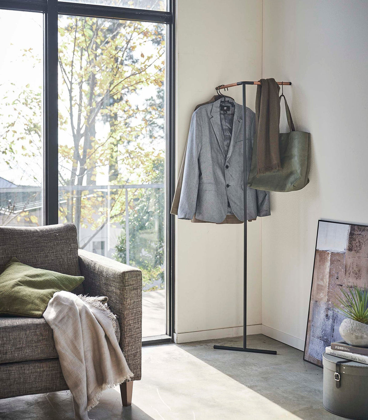 Corner Leaning Coat Hanger (63" H)  - Steel + Wood