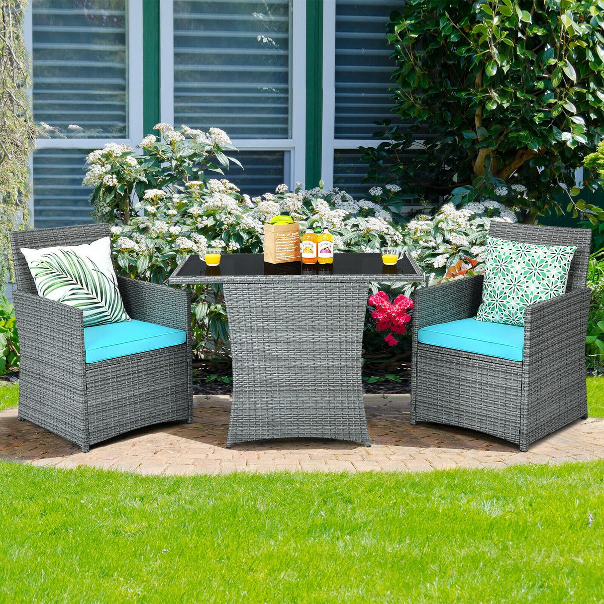 3 Pieces Patio Rattan Furniture Set with Cushioned Armrest Sofa