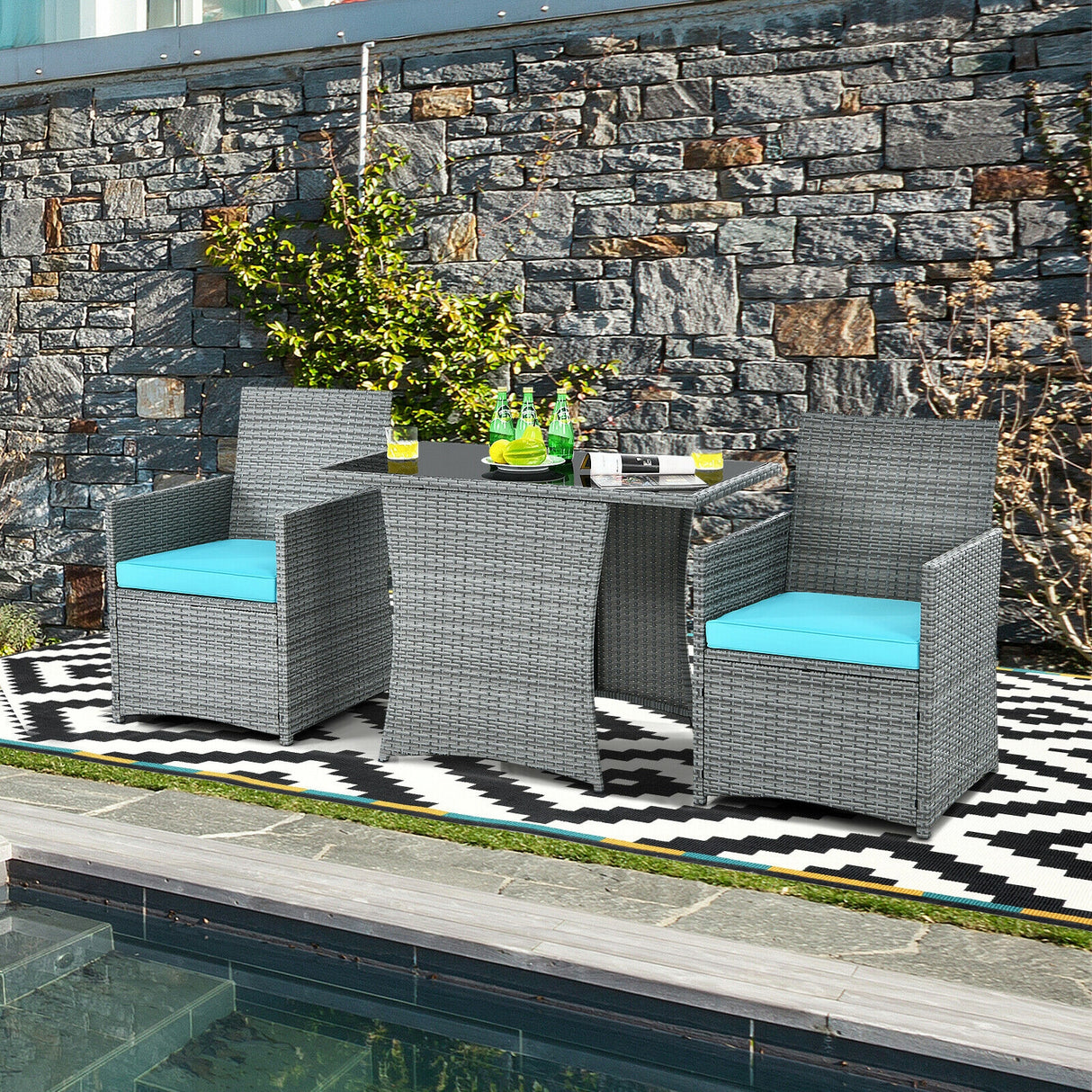 3 Pieces Patio Rattan Furniture Set with Cushioned Armrest Sofa