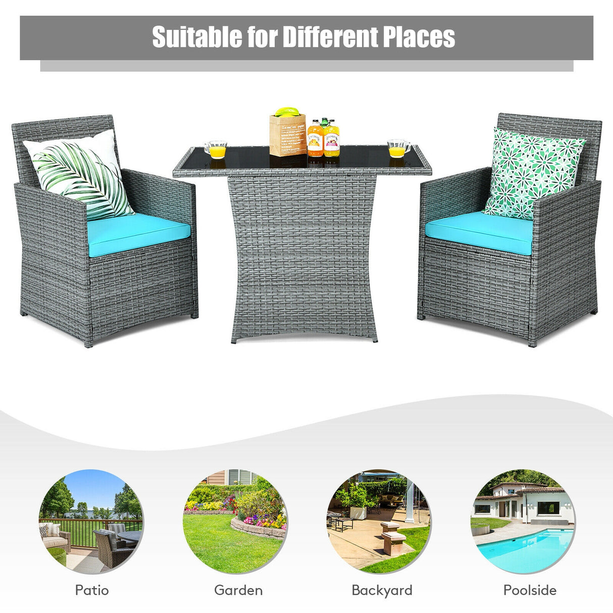 3 Pieces Patio Rattan Furniture Set with Cushioned Armrest Sofa