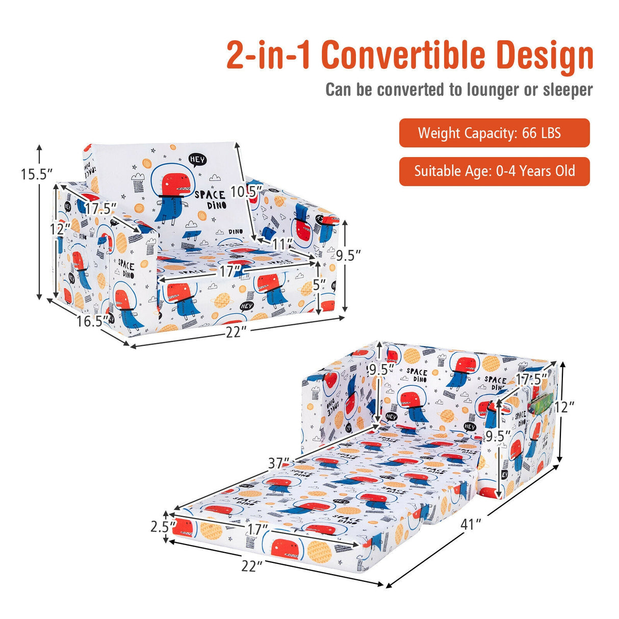 2-in-1 Convertible Kids Sofa with Velvet Fabric