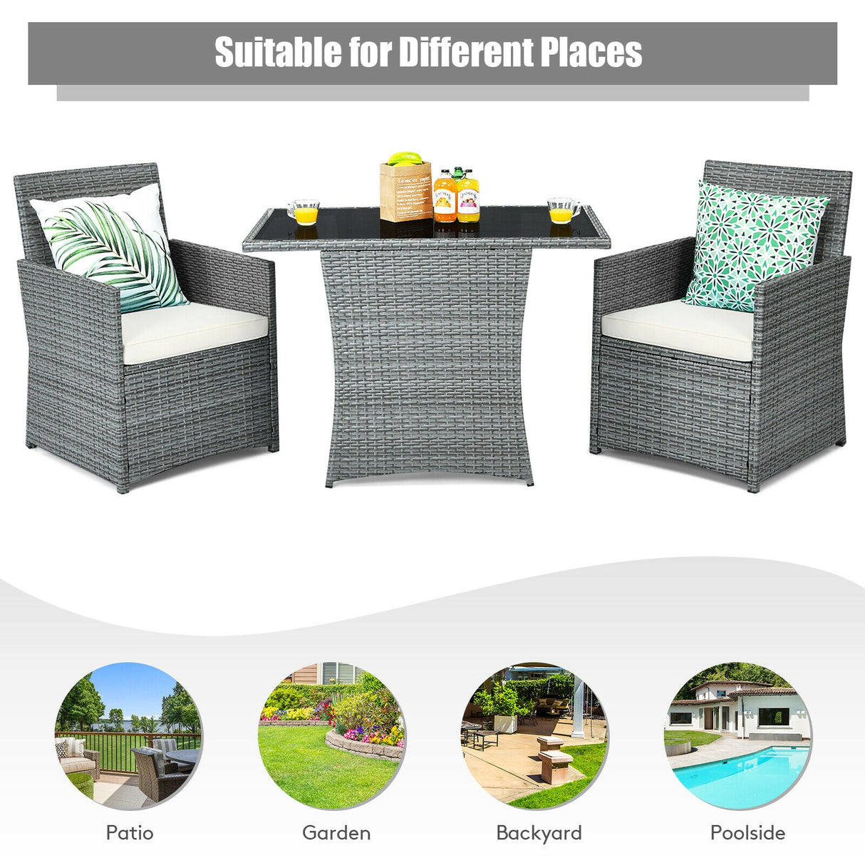 3 Pieces Patio Rattan Furniture Set with Cushioned Armrest Sofa