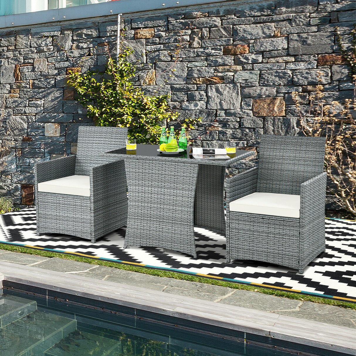 3 Pieces Patio Rattan Furniture Set with Cushioned Armrest Sofa