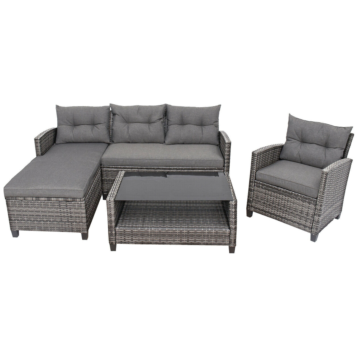 4 Pieces Patio Rattan Furniture Set with Cushion and Table Shelf