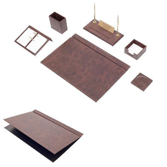 MOOG Leather Desk Set-8 Accessories - Brown - 8 PCS