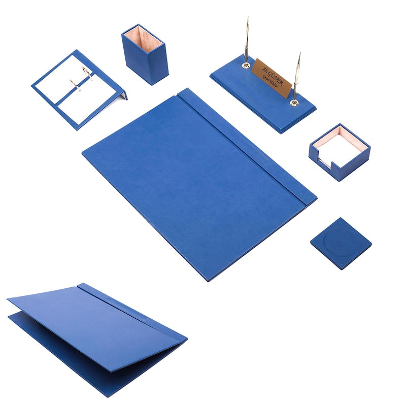 MOOG Leather Desk Set-8 Accessories - Blue - 8 PCS