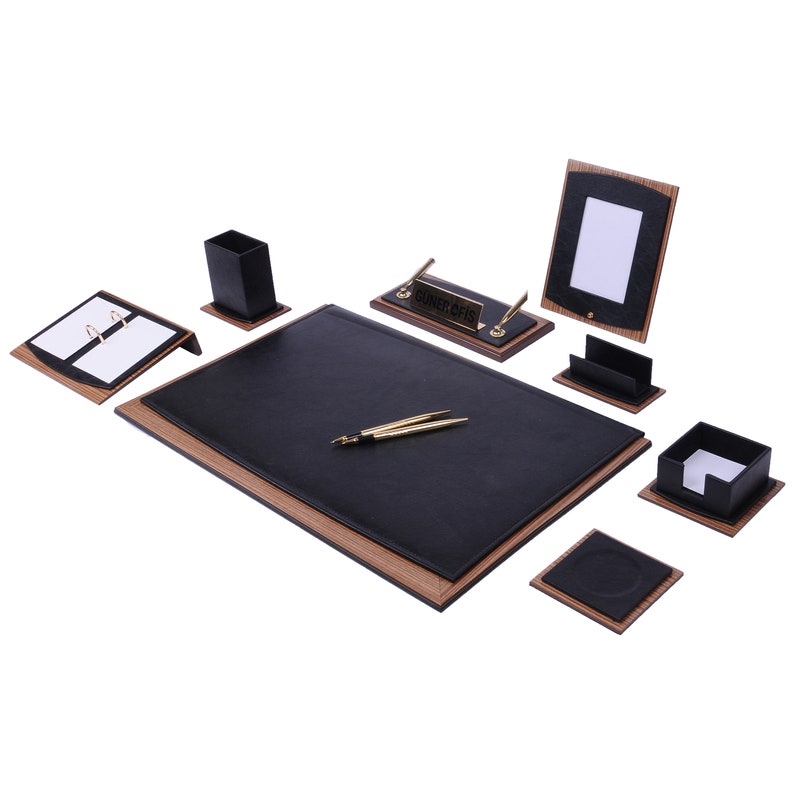 MOOG Star Leather Desk Set -Walnut Wood Combination - Gray-10 PCS