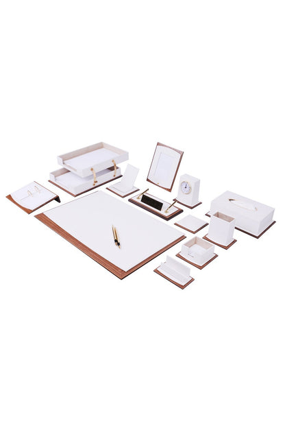 MOOG Star Lux Leather Desk Set -Walnut Wood Combination - White -14 PCS