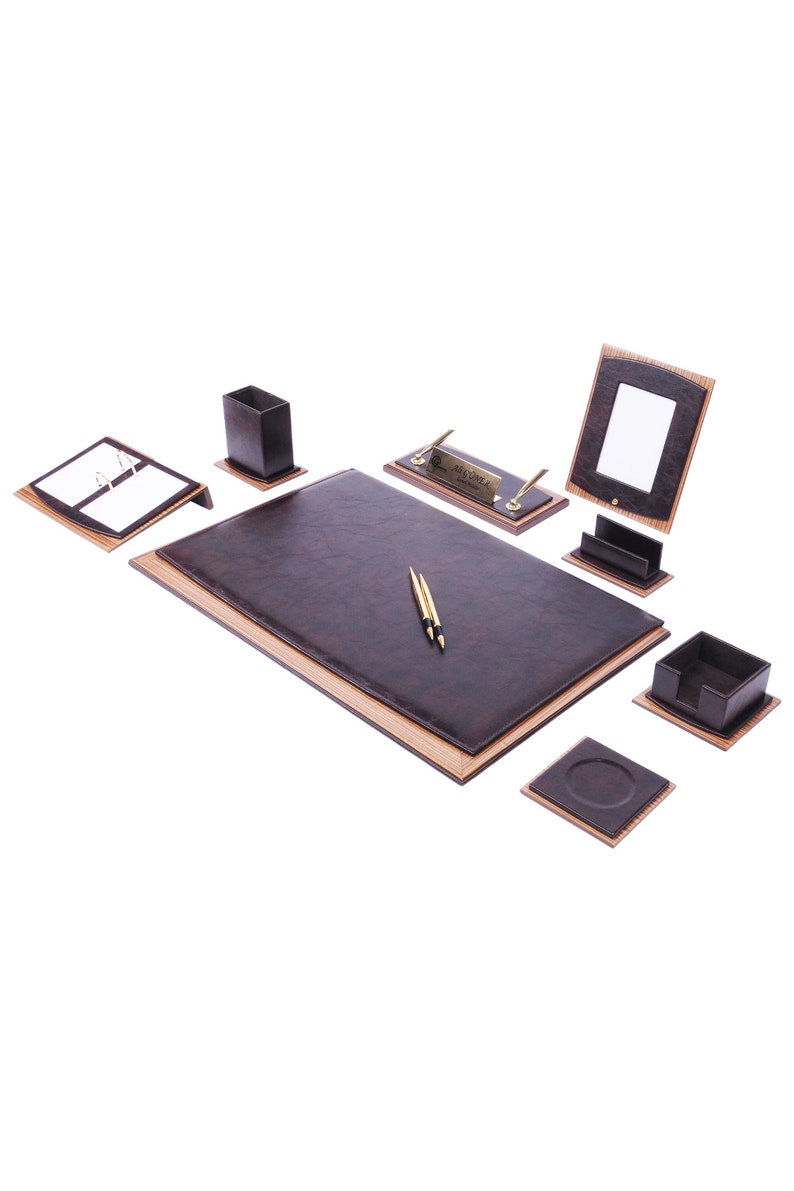 MOOG Star Leather Desk Set -Walnut Wood Combination - Gray-10 PCS