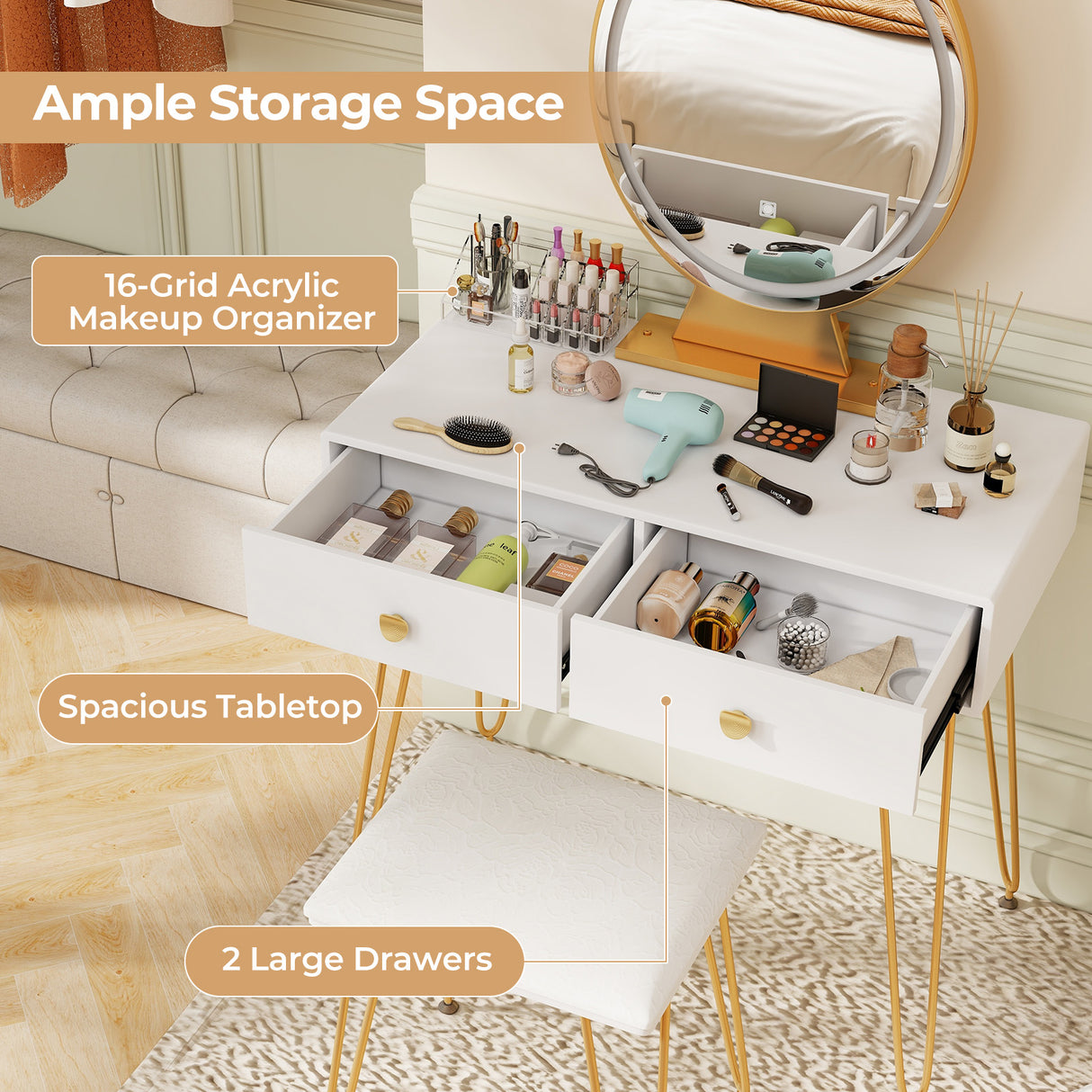 Industrial Makeup Dressing Table with 3 Lighting Modes