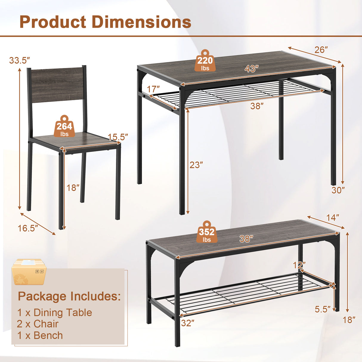 Industrial Style Rectangular Kitchen Table with Bench and Chairs