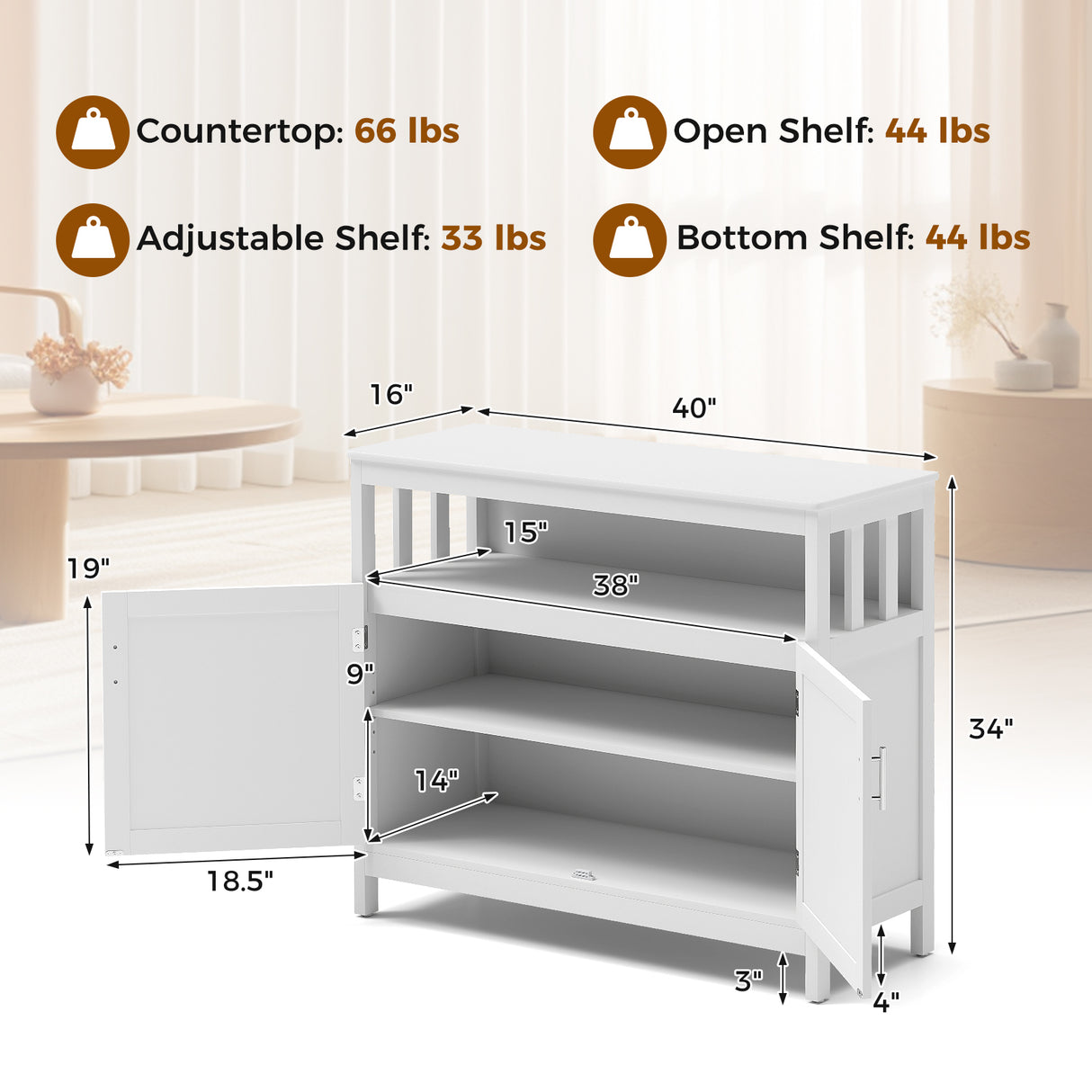 Kitchen Buffet Server Sideboard Storage Cabinet with 2 Doors and Shelf