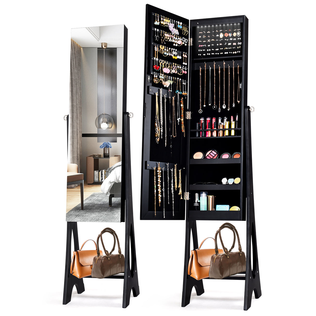 LED Jewelry Cabinet Armoire Organizer with Bevel Edge Mirror-Black